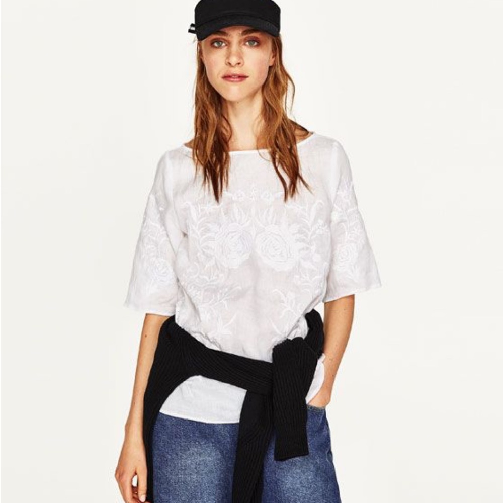 Zara Ivory Cropped Embroidered Top